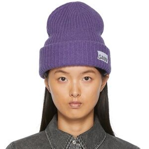 GANNI Purple Ribbed Beanie